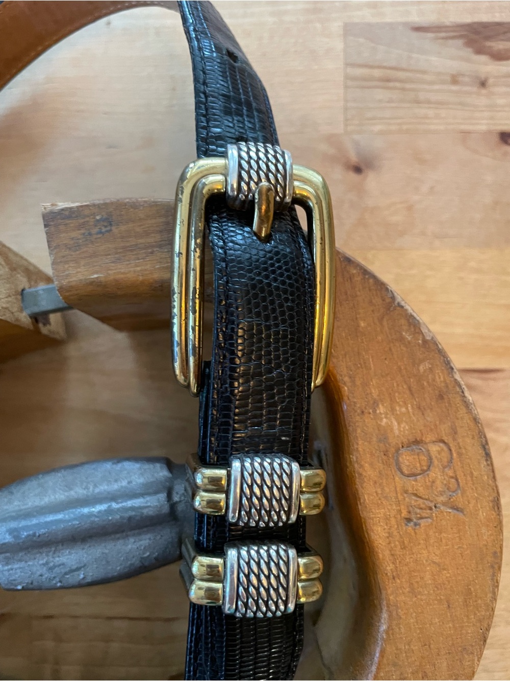 Brighton Black Textured Leather Belt with Gold & Silver Accents
